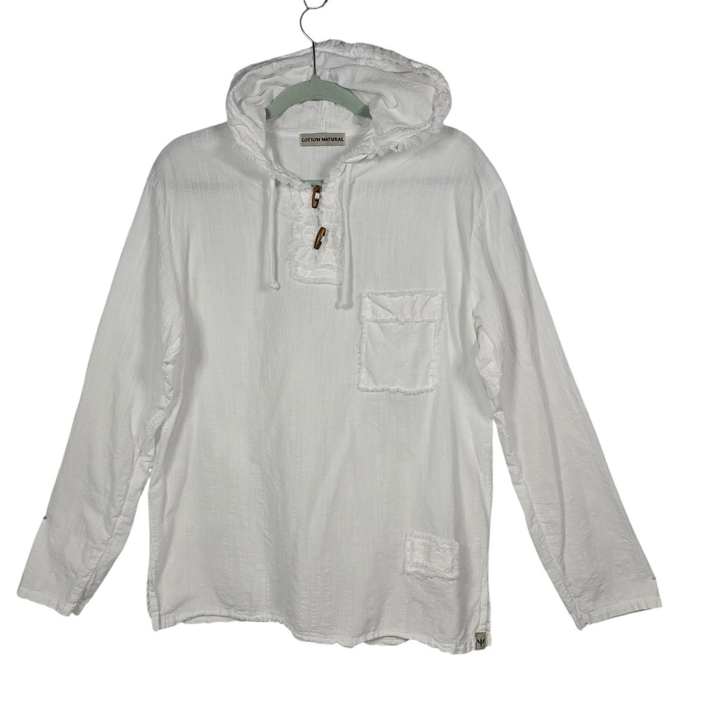 Cotton Natural White Gauze Boho Hoodie Woman Small Toggle Button Frayed Trim